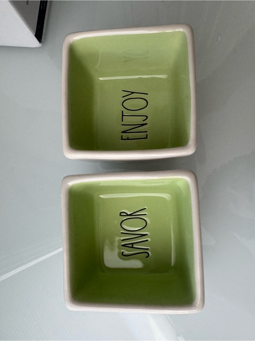 Rae Dunn Green White Ceramic Square Bowl with Black Script Savor Enjoy Boxed Set